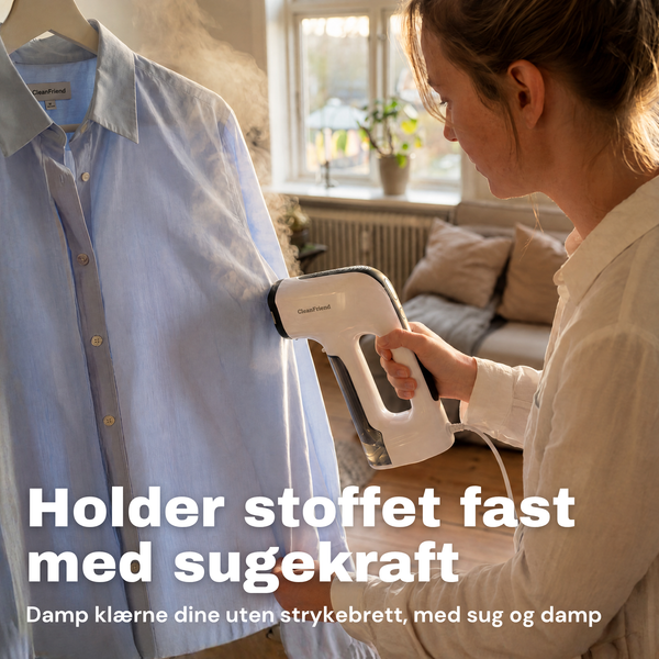 NO: CleanFriend Steamy™ steamer holder skjorten fast med sugekraft mens dampen fjerner skrukker