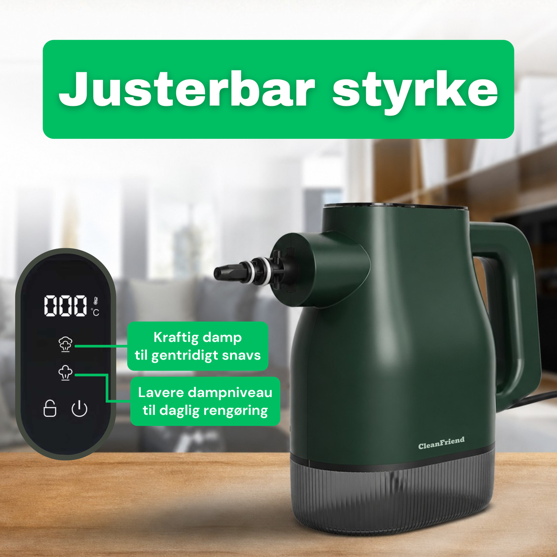 Damphovedet på CleanFriend PureSteam™ Damprenser løsner fedt fra en stålflade i køkkenet