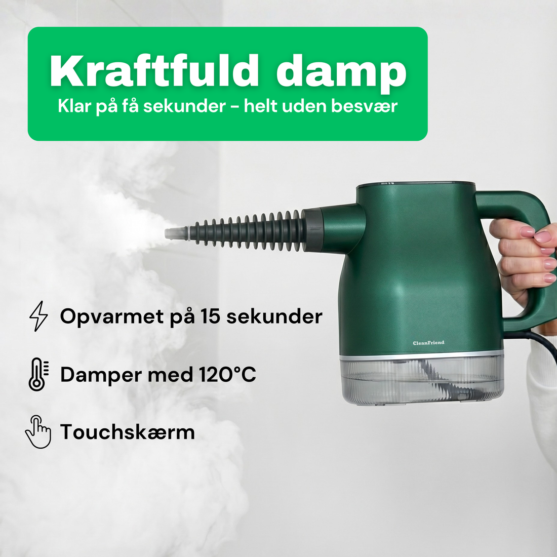 CleanFriend PureSteam damprenser i brug på hård overflade uden rengøringsmiddel