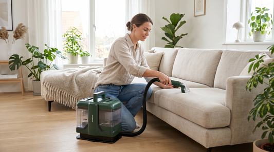 Kvinde dybderenser stofsofa for lugt med CleanFriend SpotCleaner™ Tæpperenser i lys stue
