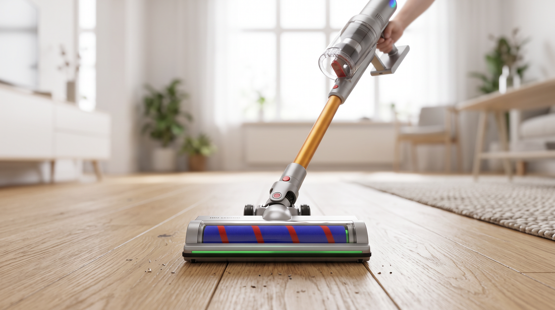 Gulvmundstykket på CleanFriend Absolute ledningsfri støvsuger tæt på plankegulv