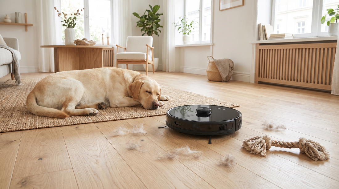 Robotstøvsuger kører forbi sovende hund på plankegulv i stue