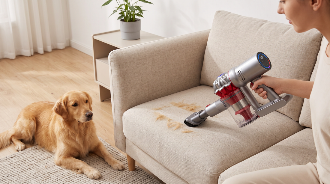 Hundehår suges af sofaen med CleanFriend Absolute i håndholdt tilstand