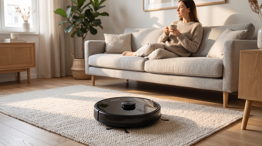 Robotstøvsuger arbejder på tæppe mens kvinde slapper af i sofaen
