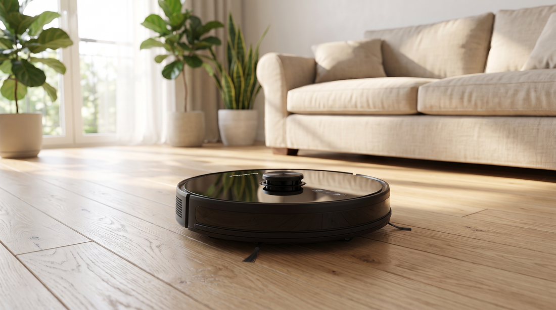 CleanFriend 360 Ultra robotstøvsuger kører over plankegulv i lys stue