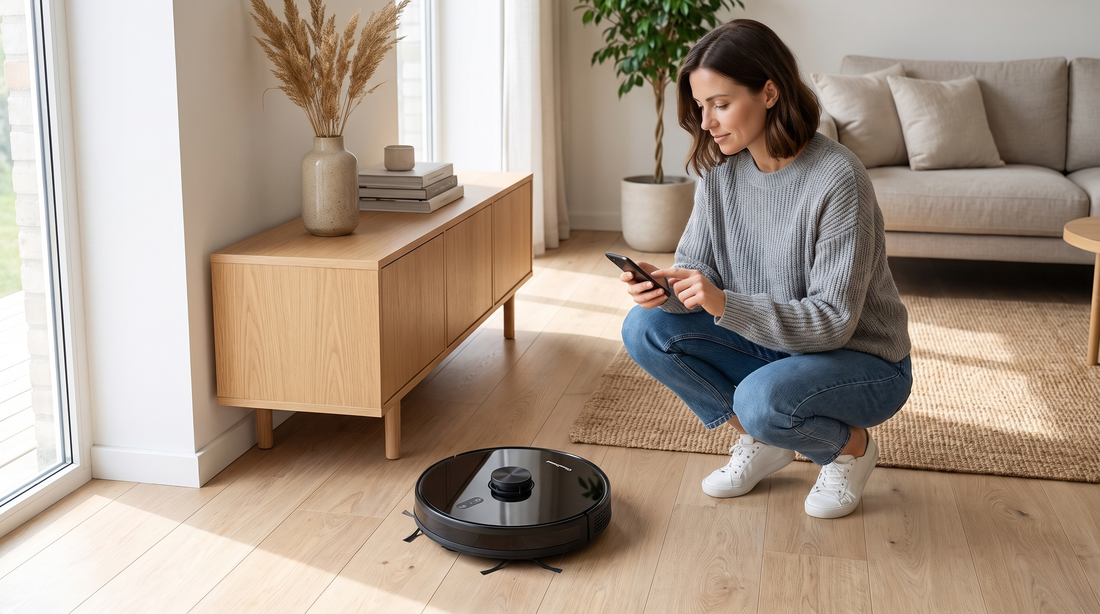 Kvinde vælger indstillinger til CleanFriend 360 Ultra robotstøvsuger via app