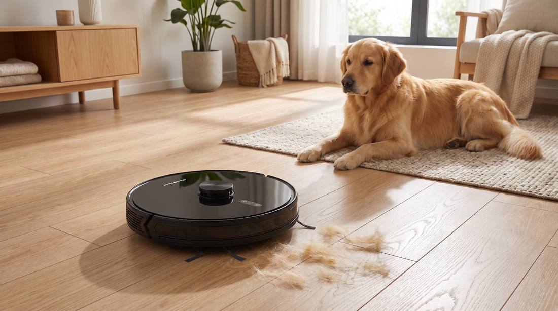 Robotstøvsuger fjerner hundehår fra gulvet mens hunden hviler