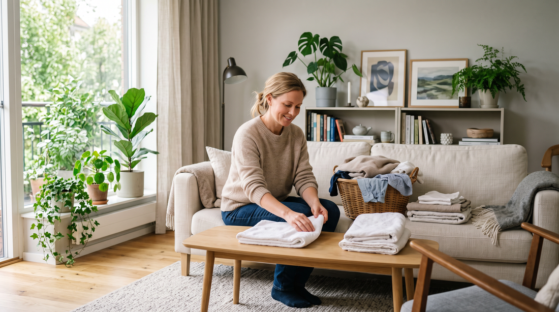 Kvinde folder vasketøj i en lys stue på en helt almindelig hverdag