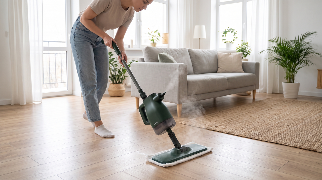 Plankegulv vaskes med dampmoppe fra CleanFriend PureSteam damprenser