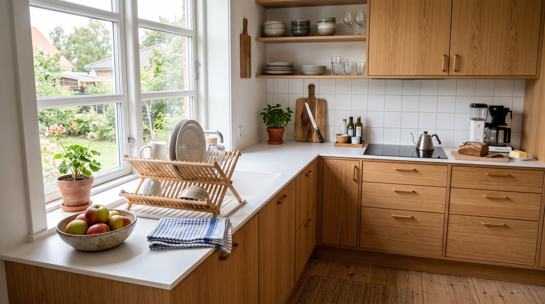 Ryddeligt dansk familiekøkken i morgenlys