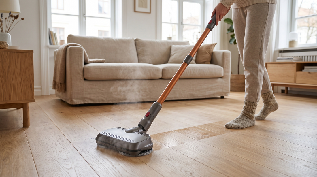 Kvinde vasker plankegulv med dampmoppe fra CleanFriend PureSteam damprenser