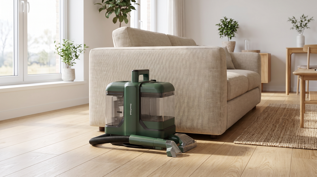 CleanFriend SpotCleaner tæpperenser står klar ved sofaen i lys stue