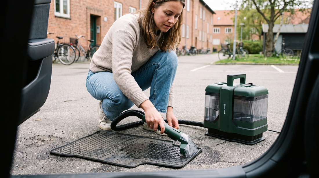 Bilens gulvmåtte renses med CleanFriend SpotCleaner tæpperenser på indkørslen