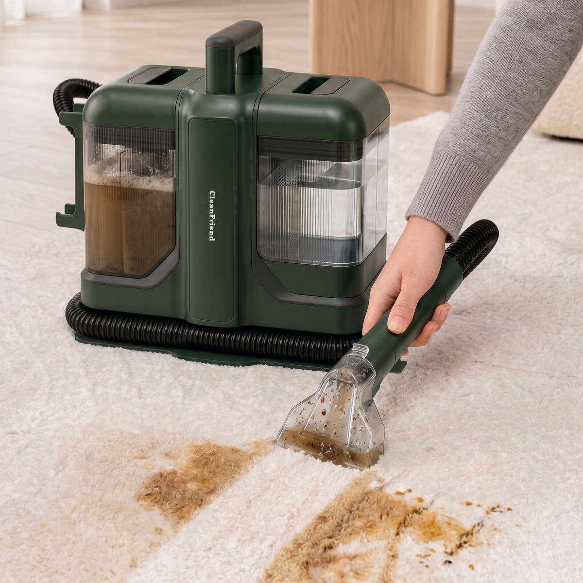 NO: CleanFriend SpotCleaner™ tepperenser fjerner flekker fra et lyst teppe