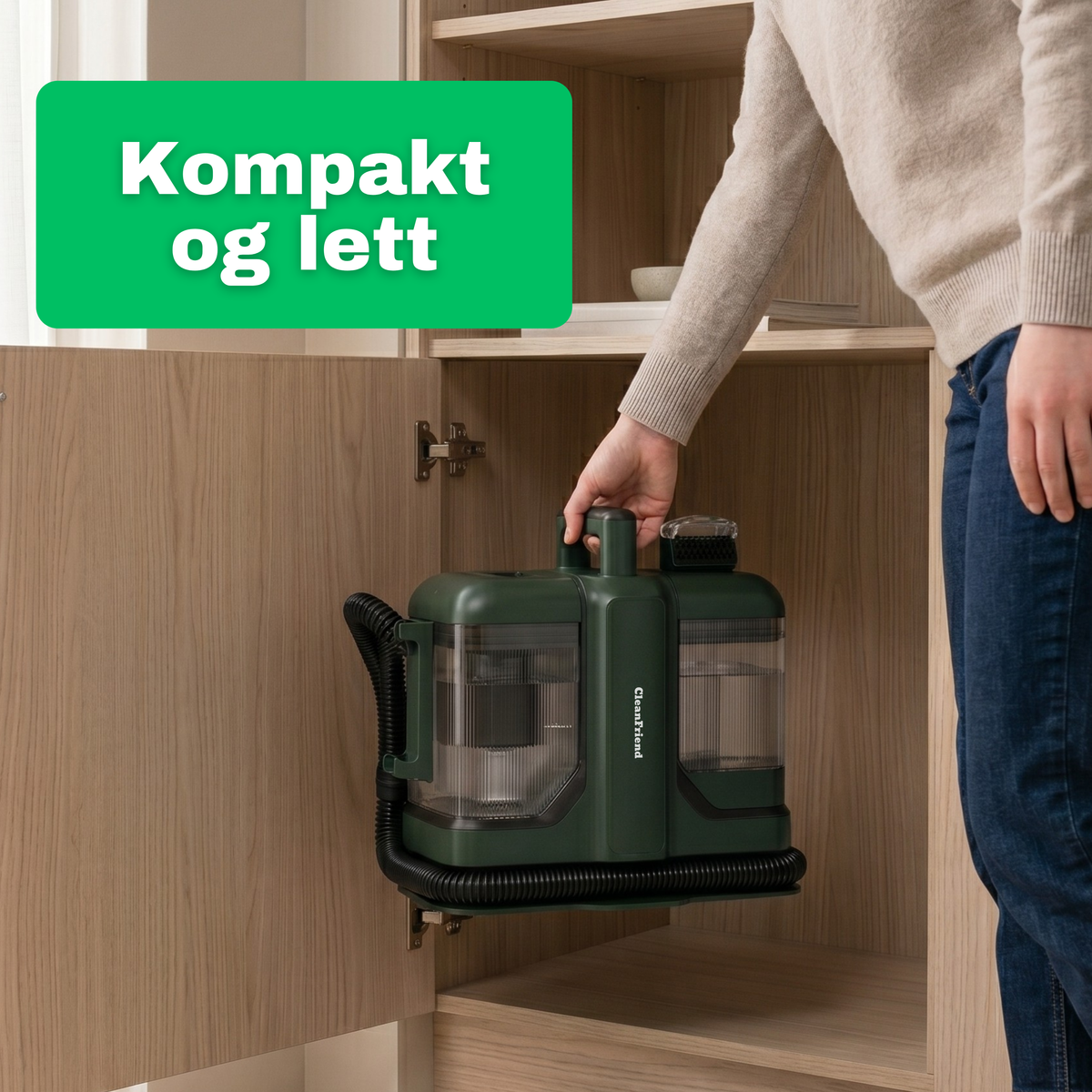 NO: CleanFriend SpotCleaner™ tepperenser løftes inn i et kjøkkenskap, kompakt og lett å oppbevare