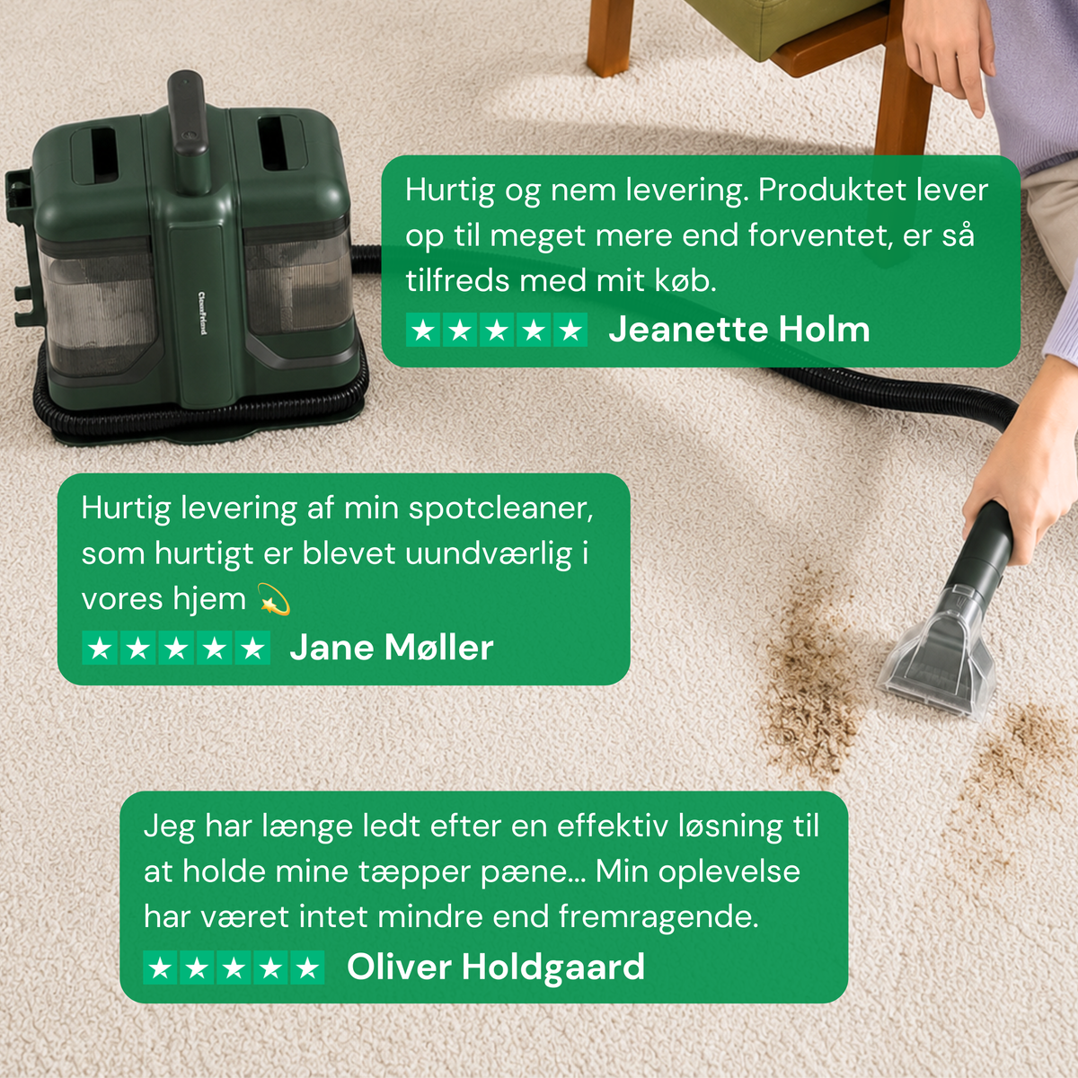 CleanFriend SpotCleaner™ tæpperenser – set i brug på tæppe