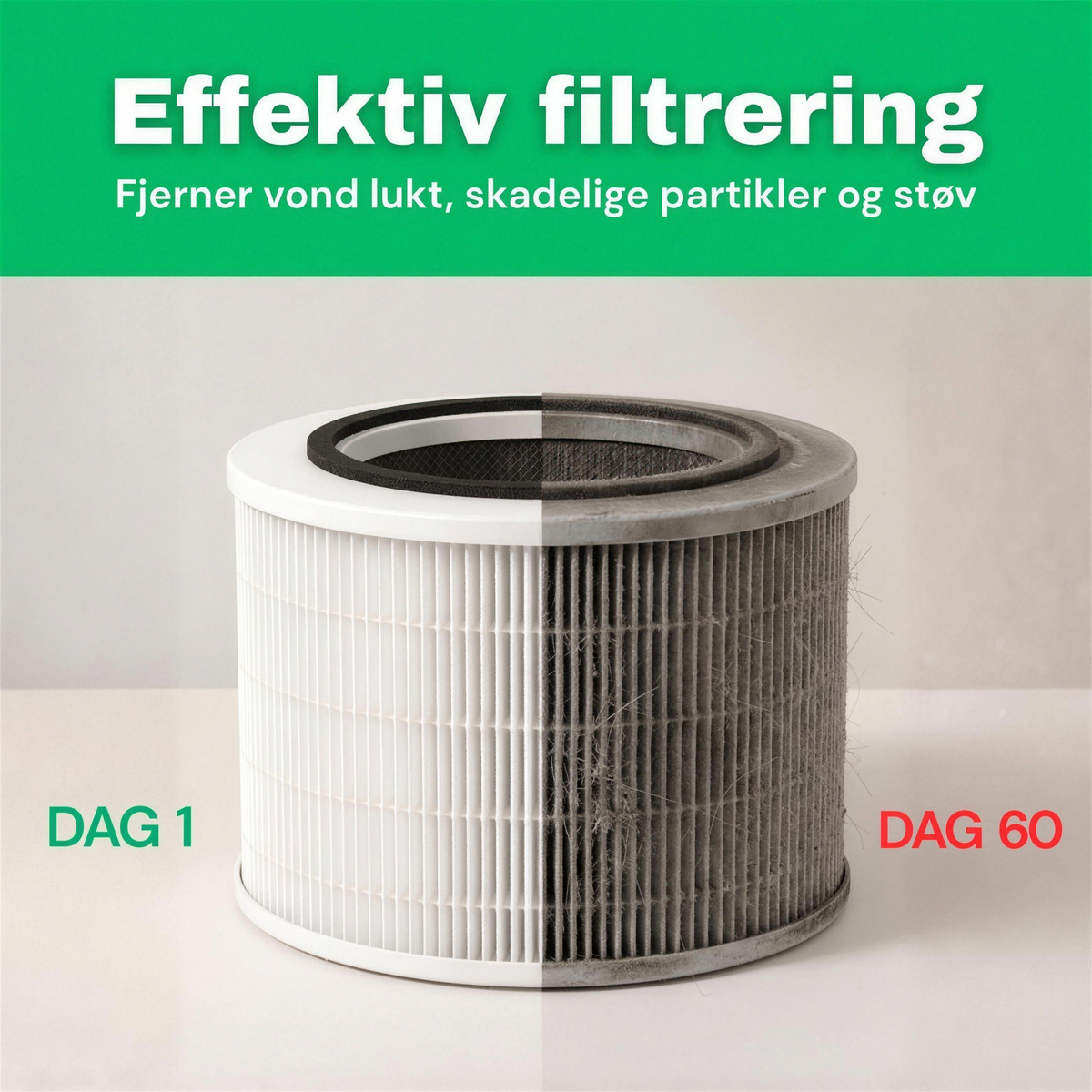 NO: Effektiv filtrering, HEPA-filter i CleanFriend AirFlow30™ etter dag 1 og dag 60