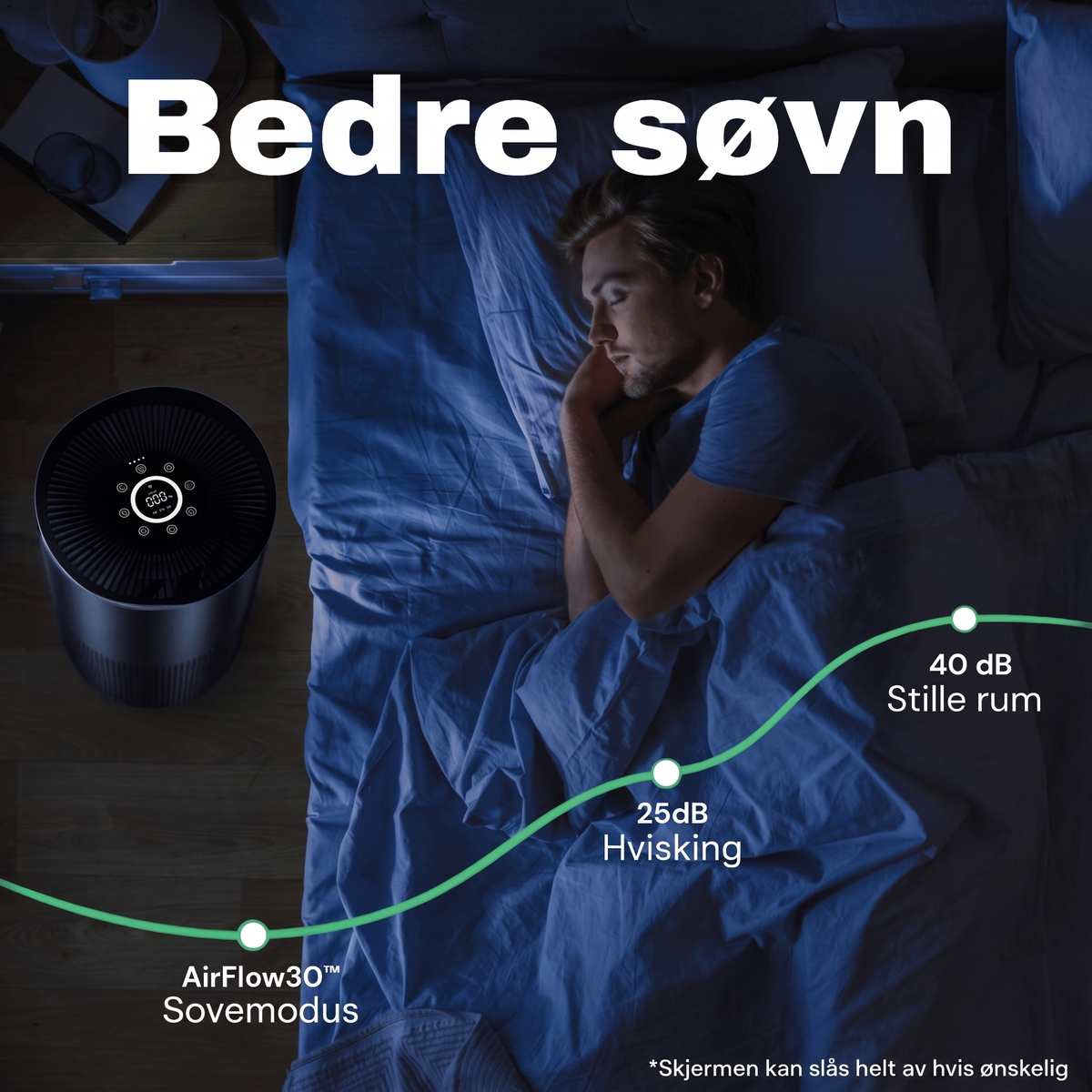 NO: Bedre søvn med stillegående sovemodus på CleanFriend AirFlow30™ PRO luftrenser