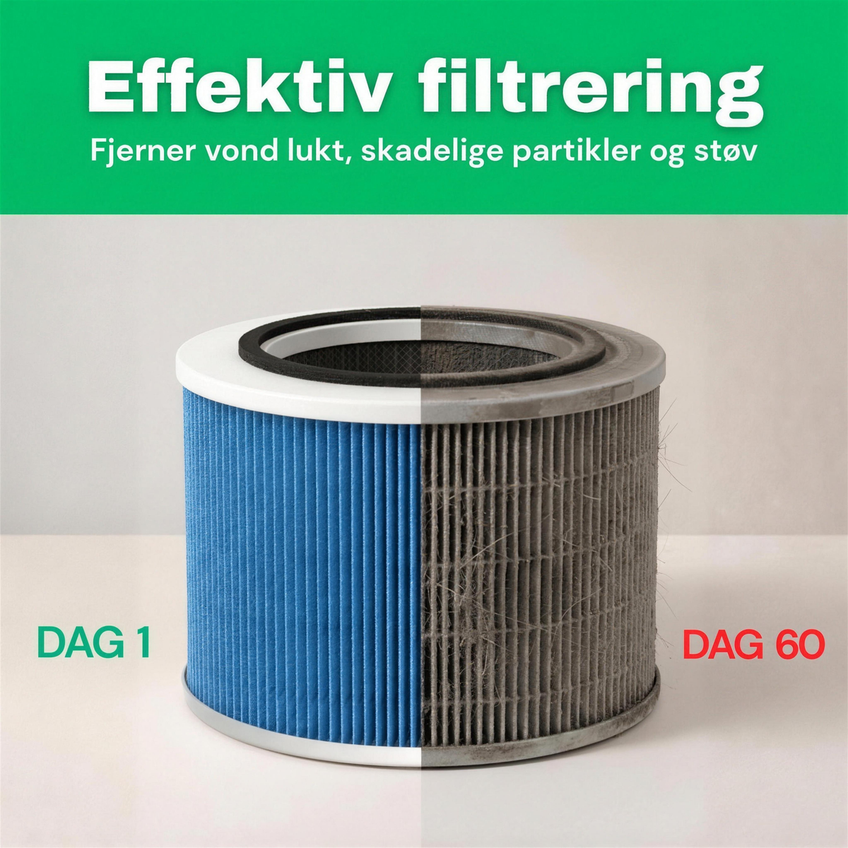 NO: Effektiv filtrering, HEPA 14-filter i CleanFriend AirFlow30™ PRO etter dag 1 og dag 60