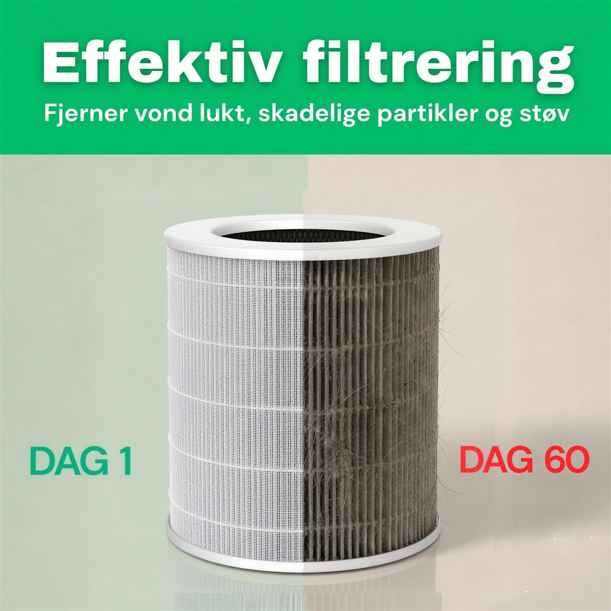 NO: Effektiv filtrering, HEPA 13-filter i CleanFriend AirFlow70™ etter dag 1 og dag 60